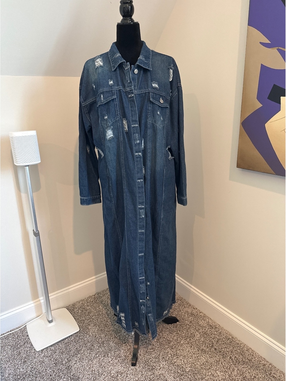 Distressed Style Long Denim Trench Coat 2XL